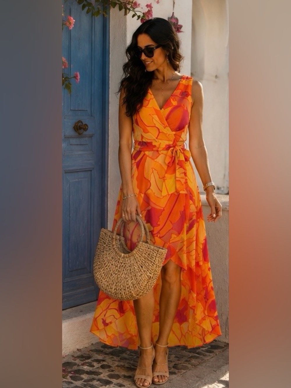 Joseph Ribkoff NWT Floral Hi Low Dress Size 8 Orange Pink Belted